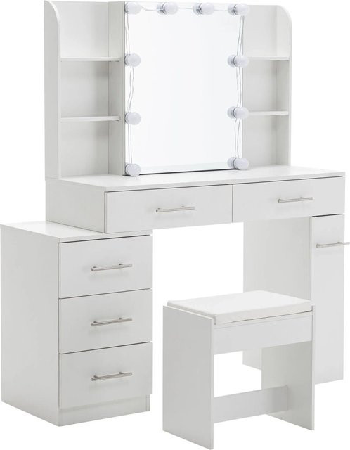 okwish Schminktisch mit LED-Spiegel und Schublade in Weiß, B/T/H: 136 x 100 x 41 cm - Bild 1