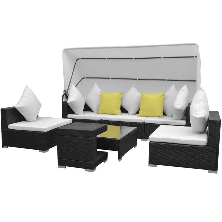 vidaXL 7-teiliges Garten-Lounge-Set in L-Form mit Sonnendach und Polstern, Poly Rattan und Metall, Schwarz - Bild 2