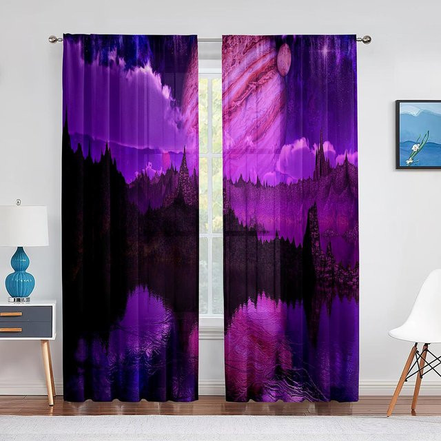Transparente Tüllvorhänge von Super Six mit lila Blumenfeld und Fantasiehimmel Design, Breite: 100 cm, Höhe: 250 cm - Bild 1