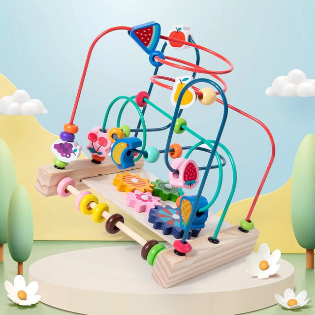 Tlewj Montessori Holz Achterbahn Gravity Ball mit Perlen-Labyrinth als Lernspielzeug für Kinder ab 1 Jahr, Mehrfarbig - Bild 1