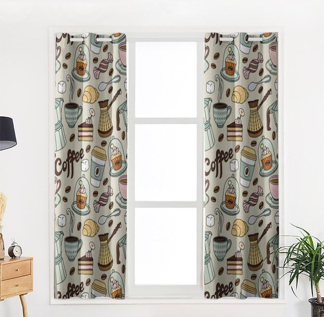 Fensterdekoration mit Kaffeetassen und Süßigkeiten Motiv, halbtransparente Vorhänge aus Polyester für Wohnzimmer, Kinderzimmer oder Küche, Mehrfarbig, Breite: 135 cm, Höhe: 92 cm - Bild 1