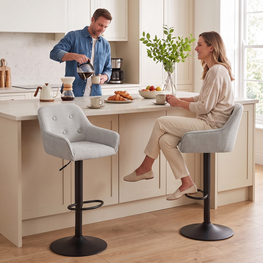 Aosom 2er-Set Barhocker aus Chenille in Grau, höhenverstellbar und 360 Grad drehbar mit gepolsterter Sitzfläche, Rückenlehne und Fußstütze für Küche und Esszimmer - Bild 2