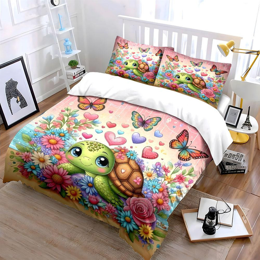 Grosstor 3-teiliges Bettwäsche-Set mit Schildkröten- und Blumen-Design, Mehrfarbig, Material Mikrofaser Polyester, B/H: 135 x 200 cm - Bild 3