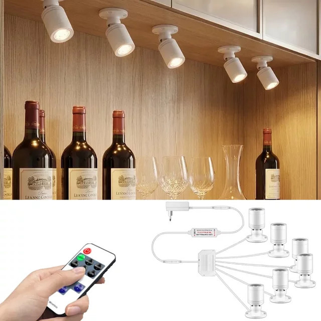 Gyarfas LED-Schrankstrahler Weiß, dimmbar mit RF-Fernbedienung und 3 Farbmodi, 45 Grad drehbar für Küchenvitrinen und Möbel - Bild 1