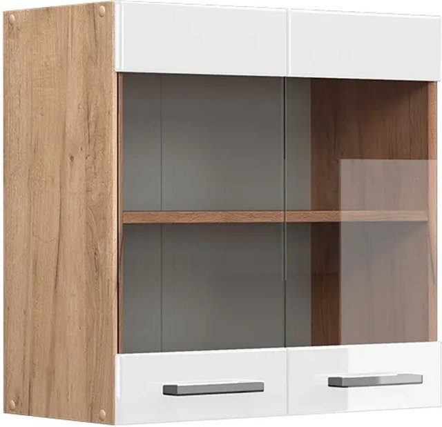 Vicco R-Line Hängeglasschrank für die Küche in Weiß Hochglanz und Eiche mit Glastüren und Regalfächern, Breite: 60 cm, Höhe: 60 cm, Tiefe: 31 cm - Bild 2