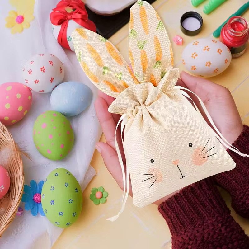 ZQNYCY Leinen Geschenktüte mit Kordelzug für Ostern in Osterhase und Karotte Design zur Süßigkeiten Verpackung für Kinder und Party Dekoration - Bild 3