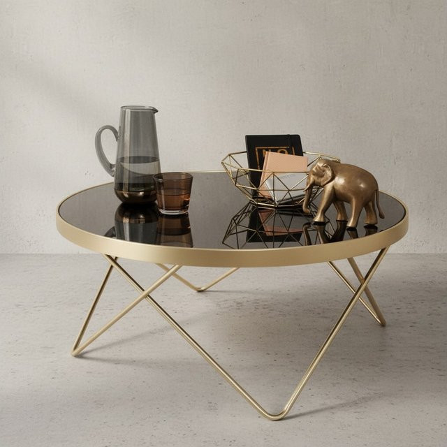 KADIMA DESIGN Beistelltisch Retro mit schwarzer Glasplatte und goldenen Beinen, Durchmesser: 82 cm, Höhe: 39 cm - Bild 1