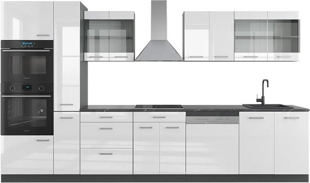 Vicco R-Line Küchenzeile in Weiß Hochglanz und Anthrazit mit Hochschrank, Breite: 350 cm - Bild 1