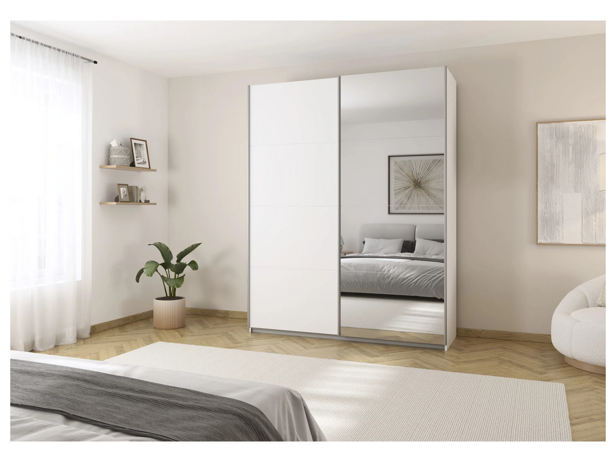 RAUCH Quadra Schwebetürenschrank mit Spiegelelementen und integrierten Schubladen, Korpus Weiß, B/T/H: 181 x 62 x 230 cm - Bild 2