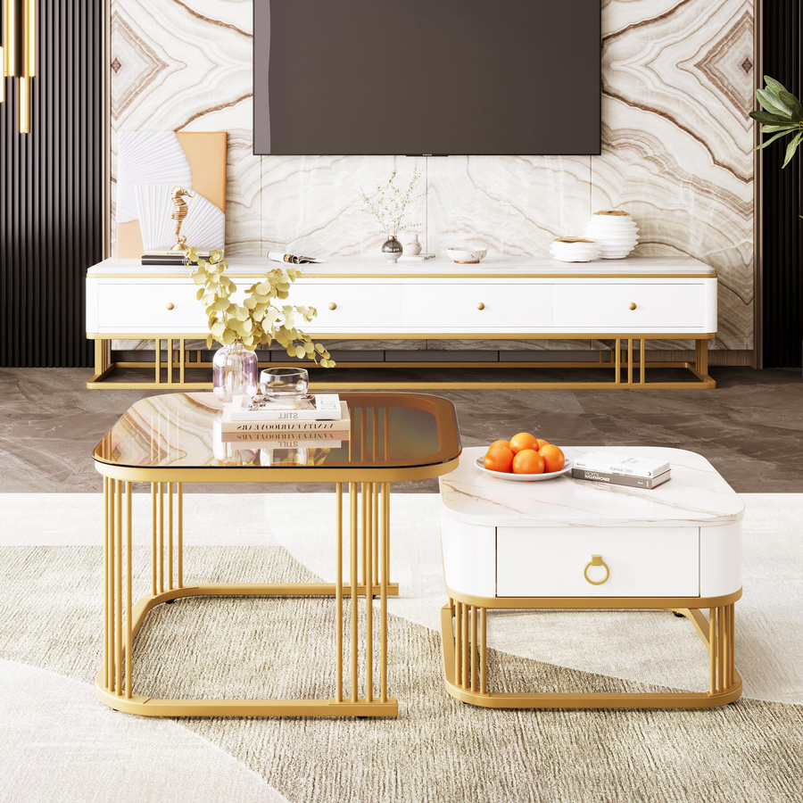 Flieks Nesting Set Couchtisch 2er Set quadratisch mit Glasplatte und Metall in Gold/Weiß/Teebraun - Bild 3