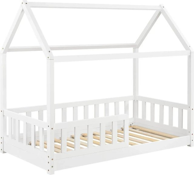 Juskys Kinderbett Marli Hausbett aus Kiefernholz mit Dach und Rausfallschutz, Weiß, B/T/H: 160 x 80 x 143 cm - Bild 1