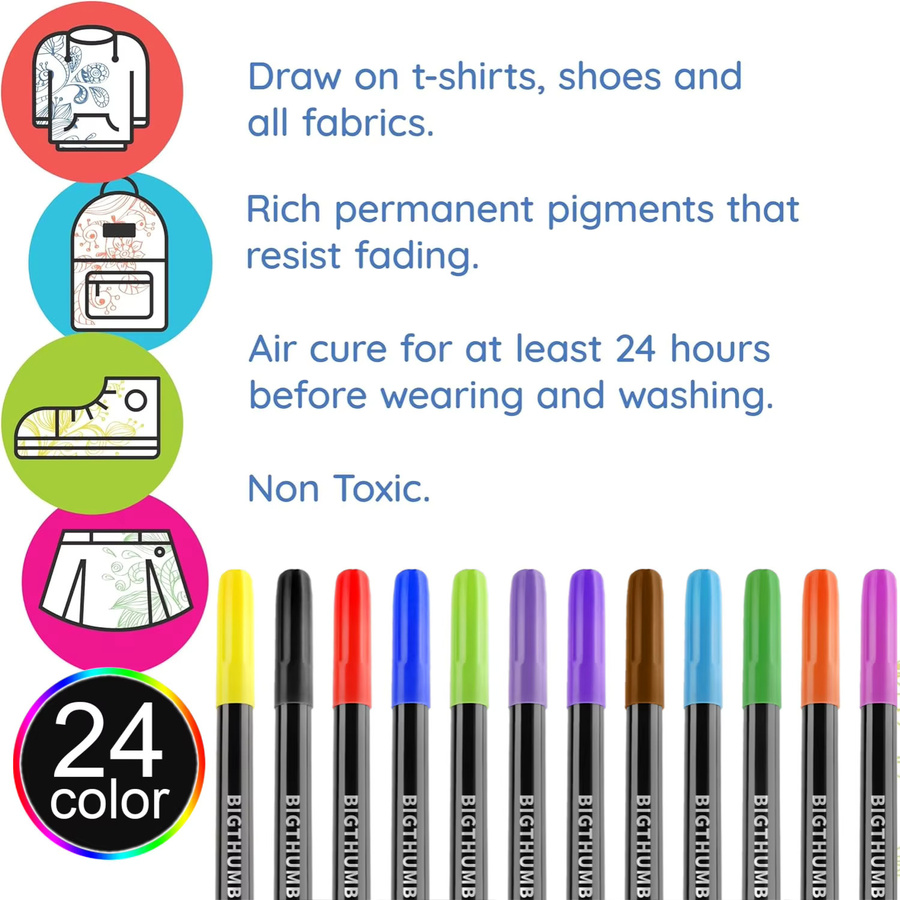 Kolorowys Stoffmarker Set mit 24 Farben, wasserfeste Textilstifte für Kleidung, T-Shirts und Canvas, maschinenwaschbar - Bild 2