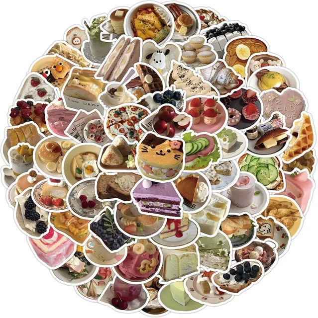 100 Stück wasserfeste Aufkleber im Influencer-Stil mit Kuchen und Dessert Motiven von BulingBulingStickers Shop in Multicolour - Bild 1