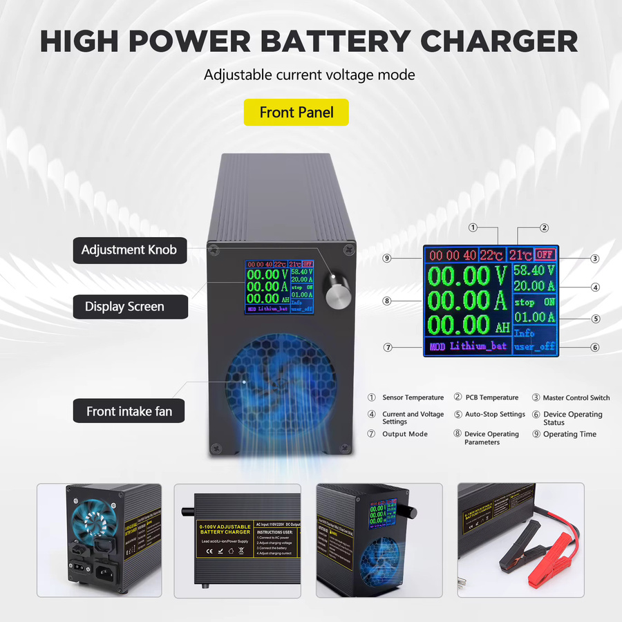 Einstellbares Hochleistungs-Ladegerät für LiFePO4 Batterien mit 20A und 40A, kompatibel mit 12V, 24V, 48V, 72V, 84V und 100V - Bild 4
