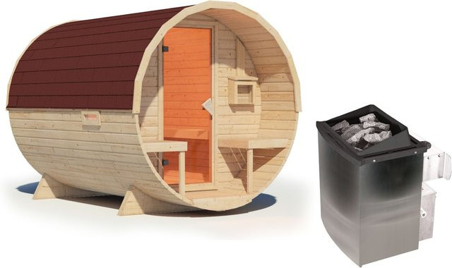 Karibu Fasssauna mit 9 kW Saunaofen, eingebaute Steuerung und Dachschindeln in Hellbraun - Bild 1