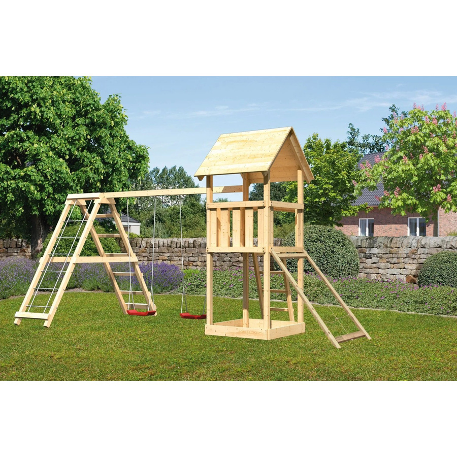 Karibu Spielturm Lotti mit Doppelschaukelklettergerüst und Netzrampe - Bild 2