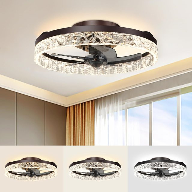 Ludengchaoshi Deckenventilator mit Licht und Fernbedienung, flaches Design in Schwarz mit Kristallglas, einstellbares Licht 3000-6000K, 6-stufige Windgeschwindigkeit für Wohnzimmer und Schlafzimmer - Bild 1
