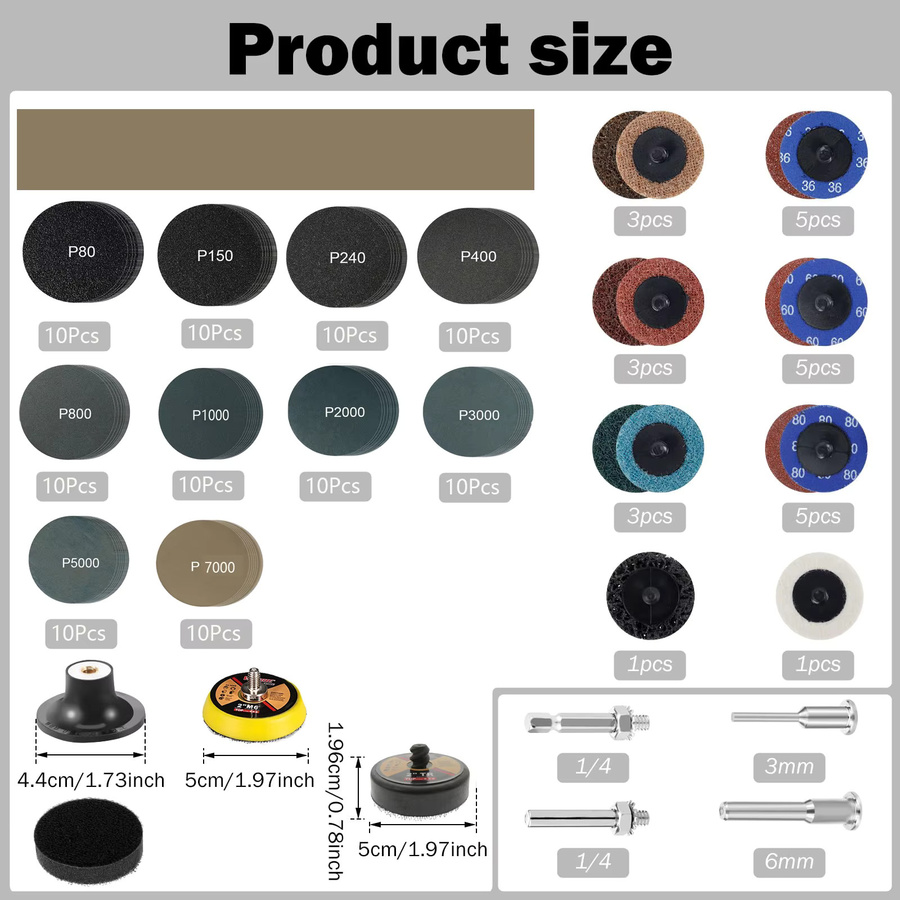 VIBRATITE Schleifscheiben Set mit Schleifpapier, 134 Stück, 50 mm Durchmesser, für Bohrschleifer und Drehwerkzeuge, inklusive 1/8 Zoll und 1/4 Zoll Schaft - Bild 2