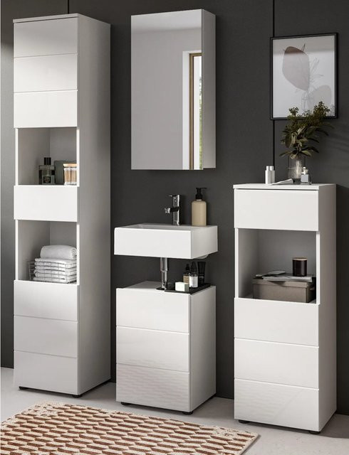 Inn.Furn Badmöbel Set Larik in Weiß Hochglanz, 4-teilig mit Spiegelschrank, Hochschrank, Kommode und Waschbeckenunterschrank, B/H: 144 x 190 cm - Bild 1