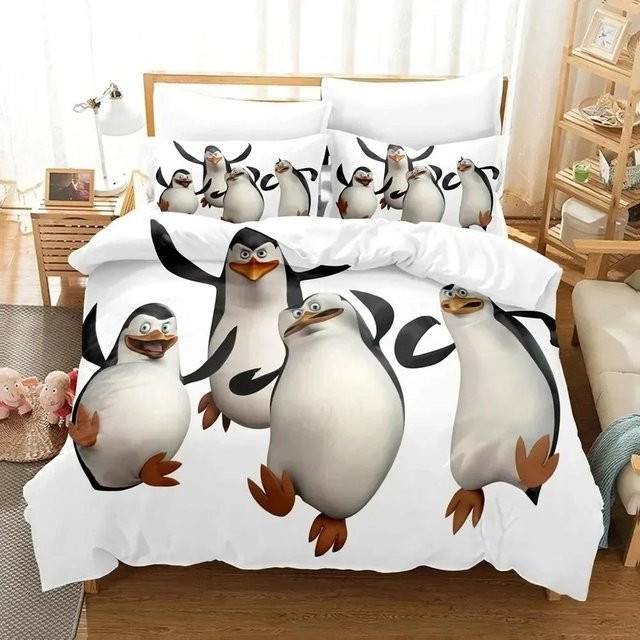 Madagaskar Pinguin Bettwäsche-Set mit 3-teiligem Design in Beige und Weiß, 3D-Druck Cartoon Motiv für Kinder und Erwachsene, Material Mikrofaser/Polyester, Breite: 70 cm, Länge: 133 cm - Bild 1