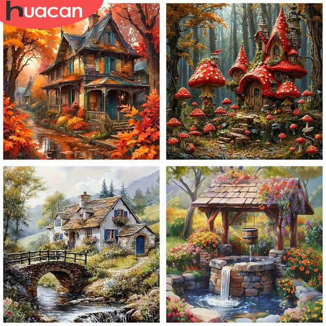 HUACAN 5D DIY Diamantmalerei Set mit rustikaler Herbst-Cottage-Szene auf Leinwand, Mehrfarbig - Bild 1