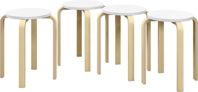 HOMCOM Set 4 stapelbare runde Holzhocker in Weiß, moderne rückenlose Hocker mit gebogenen Beinen für Küche, Bar und Büro, Durchmesser: 40 cm, Höhe: 45 cm - Bild 1