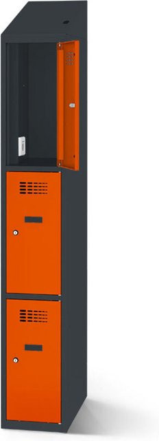 rotstahl Fächerschrank mit Ladefunktion und 3 Fächern in Orange mit anthrazitgrauem Korpus, B: 40 cm, H: 200 cm - Bild 1