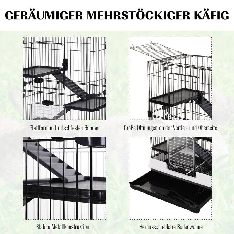 PawHut Kleintierkäfig aus pulverbeschichtetem Metall mit 4 Rollen und 2 Plattformen, Schwarz, B: 81,2 cm, T: 52,7 cm, H: 110 cm - Bild 5
