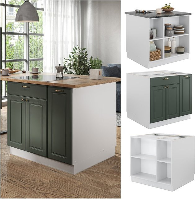 Vicco Kücheninsel Fame-Line Landhausstil in Weiß Grün Gold mit Softclose-Scharnier und Schubladen, Breite: 90 cm - Bild 1