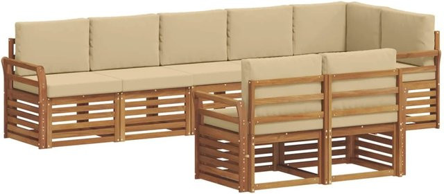 vidaXL Sofagarnitur aus Massivholz Akazie in Natur und Beige, 8-teiliges L-Shape Ecksofa Set mit Polstern und Armlehnen - Bild 1
