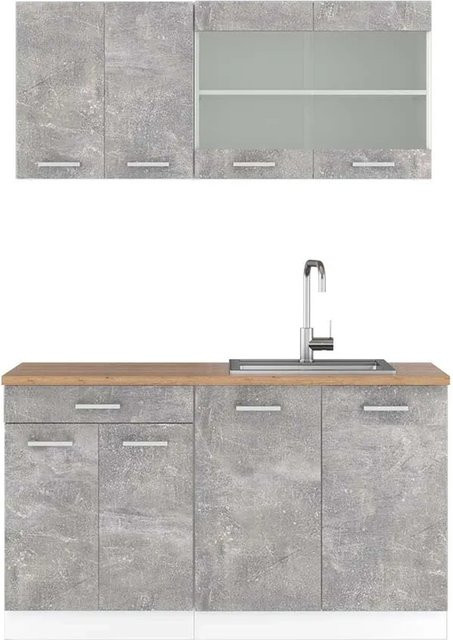 Vicco R-Line Singleküche modern in Beton/Weiß mit Eiche-Elementen, Breite: 140 cm - Bild 1