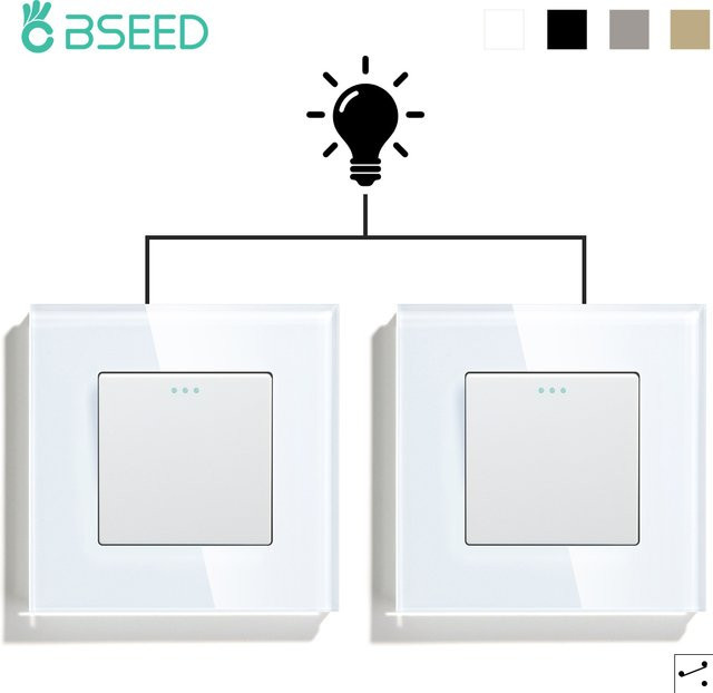 BSEED 2-Wege-mechanischer Lichtschalter aus Glas in Weiß, 2 Stück Wandschalter für Treppen und Hallen, EU-Standard - Bild 1
