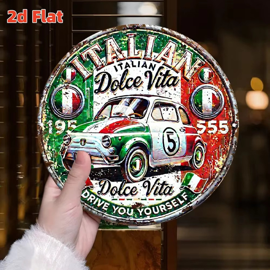 Potdemiel Rundes Italienisches Flaggen-Schild Abzeichen im Vintage-Stil aus Aluminium, Rot/Multicolor, Durchmesser: 20,0 cm - Bild 3