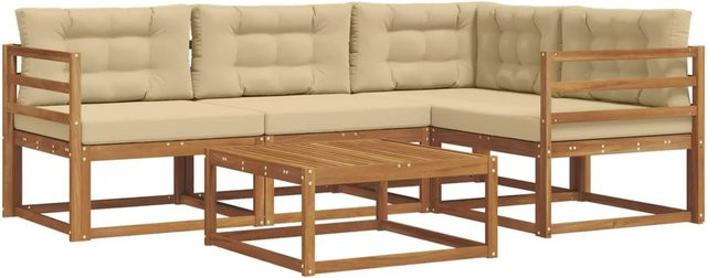 vidaXL Outdoor-Sofagarnitur aus Akazienholz in L-Form mit Kissen, 5-tlg, Natur und Beige - Bild 1