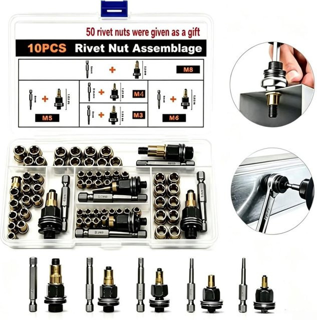 60 Stück Wechselbare Dorne Nietmuttern-Adapter-Set von fangtingsj aus Stahl in Silber für die Automobilreparatur, M3-M8 Gewindeeinsatz-Kit - Bild 1