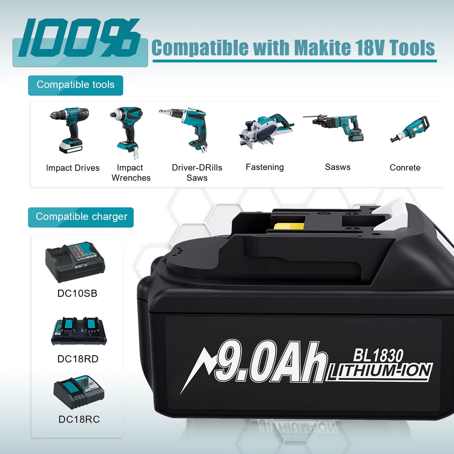 Makita 18-V-Akku Li-Ion 9000 mAh Schwarz für LXT400 Akkuschrauber und BL1830 BL1840B BL1850 BL1860 BL1890 BL1815 BL1835 Modelle - Bild 2