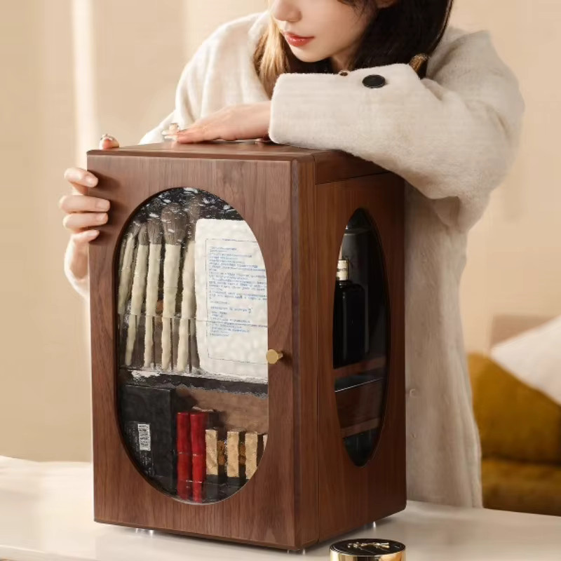 Kosmetik-Aufbewahrungsbox aus Massivholz in Braun mit Schubladen als staubdichtes Regal und Schreibtisch-Organizer für Make-up, Lippenstifte und Hautpflege, B/T/H: 41,0 x 26,5 x 17,0 cm - Bild 2