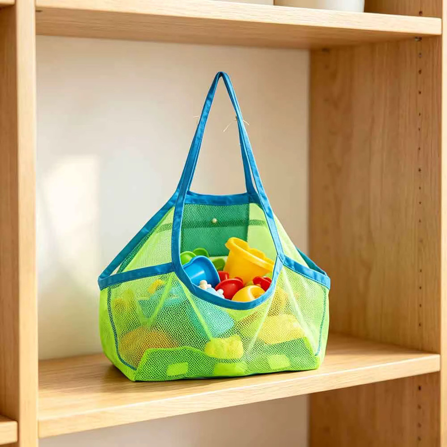 Tragbare Netztasche von vvocci in Blau für Kinder und Strand, ideale Badetasche für Handtücher, Kosmetik und Spielzeug mit praktischen Griffen - Bild 2