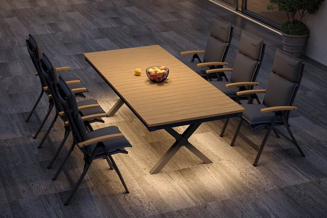 OUTFLEXX Luminara Garten-Essgruppe mit LED-Beleuchtung in Anthrazit Matt und Natur, Tisch mit B: 240 cm, T: 100 cm und 6 Klappstühle aus Alu und Textilene - Bild 1