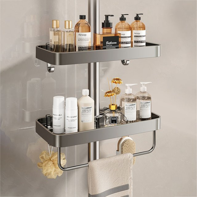 WudenCozfy Dusche Regal Set Grau mit Handtuchhalter und Haken zur Montage ohne Bohren für dein Badezimmer - Bild 1