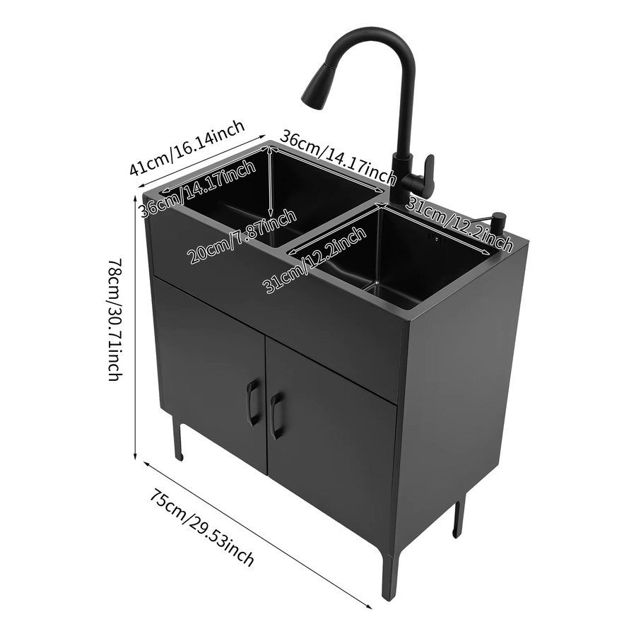 Bymaocar Küchenspüle in Schwarz mit ausziehbarem Wasserhahn und Doppelrille, B/T: 75 x 41 cm - Bild 5