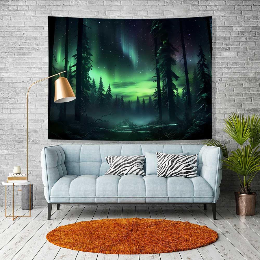 Wandteppich Nordlichter und Nebelkiefern von JMG Household Supplies, Aurora Borealis Wandkunst in Multicolour, Breite: 70 cm, Höhe: 100 cm - Bild 3