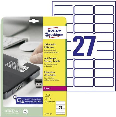 Avery Zweckform L6114-20 Sicherheits-Etiketten, fälschungssichere Polyester-Folie, Weiß, B/H: 63,5 x 29,6 mm, 540 Stück - Bild 1