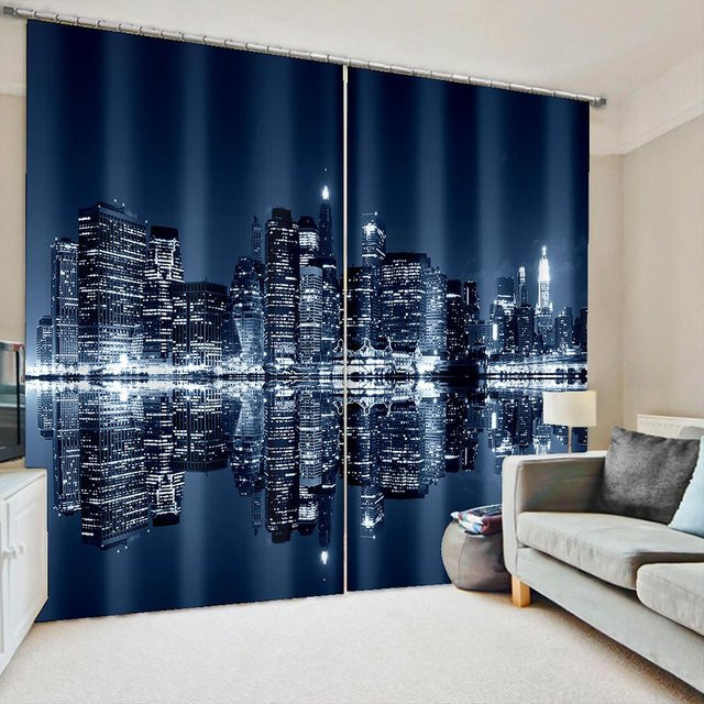 2-teiliges Set semi-transparente Vorhänge mit New York City Nachtansicht von A Family Of Home Textiles in Blau, Breite: 50 cm, Höhe: 130 cm - Bild 1