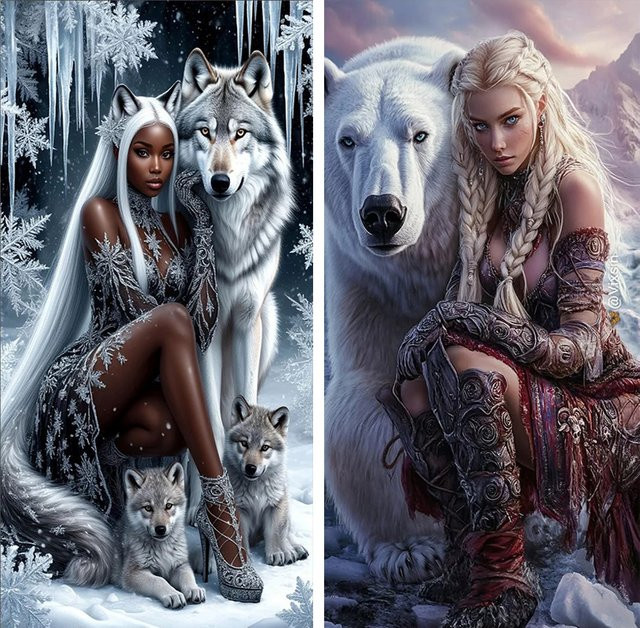 YOGOTOP Diamantmalerei Set Schneekönigin und der Wolf Bär, rundes Diamant-Mosaik Kunstwerk in Mehrfarbig, Durchmesser: 40 cm - Bild 1
