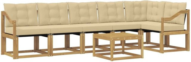 vidaXL 7-tlg. Outdoor-Sofagarnitur in L-Form mit Kissen und Couchtisch, Weiß und Beige, Akazienholz - Bild 1