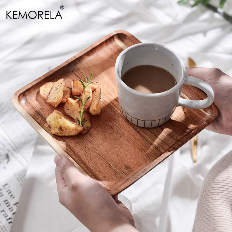KEMORELA Dekoratives Serviertablett aus Akazienholz in Braun, Rechteckiges Holztablett für Kaffee, Tee und Desserts - Bild 3