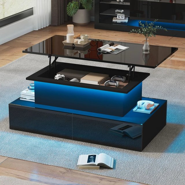 Merax Couchtisch in Schwarz mit Hochglanz-Finish, LED-Beleuchtung, Lift-Mechanismus und ausziehbarer Funktion - Bild 1