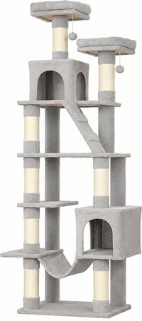 PawHut Kratzbaum Hellgrau mit Höhle, Hängematte und Spielbällen, großer mehrstöckiger Katzenbaum für 1–3 Katzen, Höhe: 204 cm