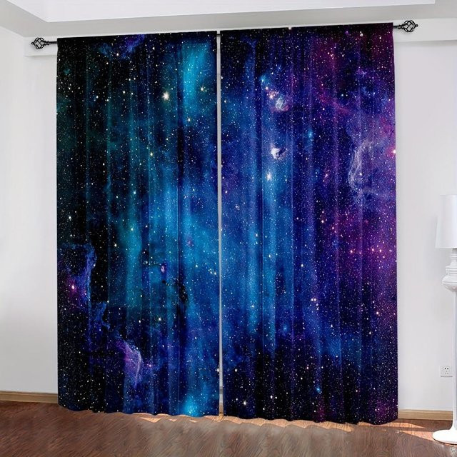 Yiran Furniture Galaxy Shining Stars Vorhänge mit Sternen-Print, Blau, 2er-Set, Breite: 65 cm, Höhe: 60 cm - Bild 1
